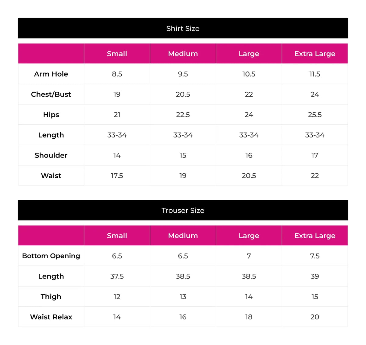 Size chart for Zarqash 2-Piece
