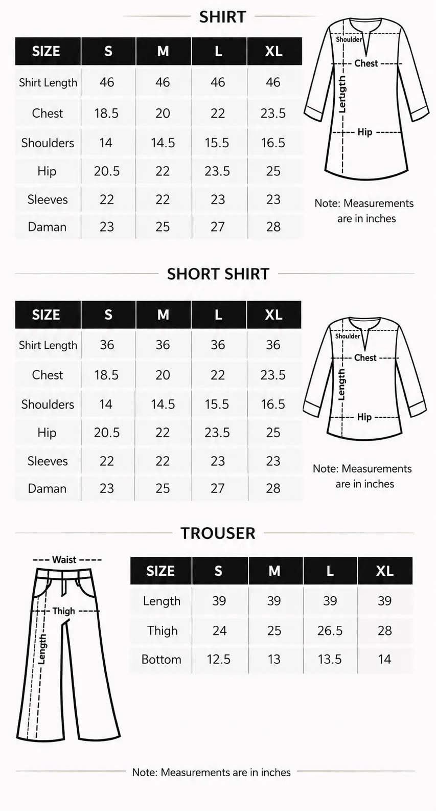 Size chart for Zareefa Sage Embroidered 3-Piece Suit