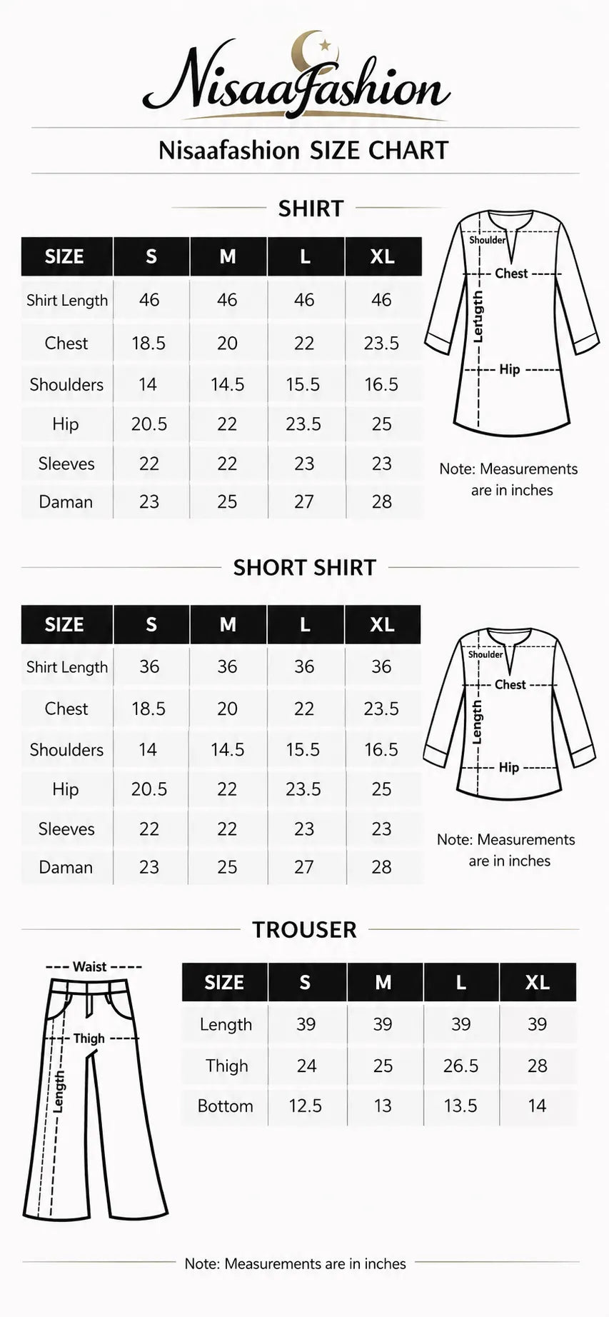 Size chart for Mehrunisa Noir Embroidered 2-Piece Set